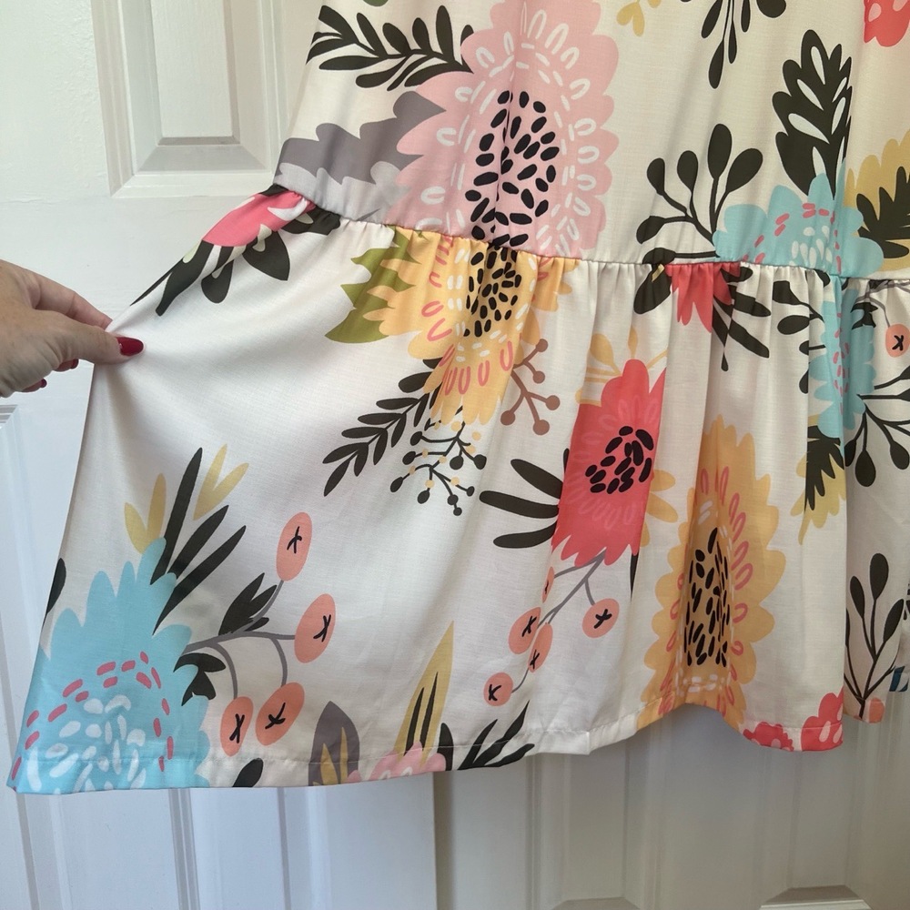 Floral Bohemian Square Neck‎ Puff Sleeve Tiered Ruffled Hem Maxi Dress Size M - Picture 5 of 16